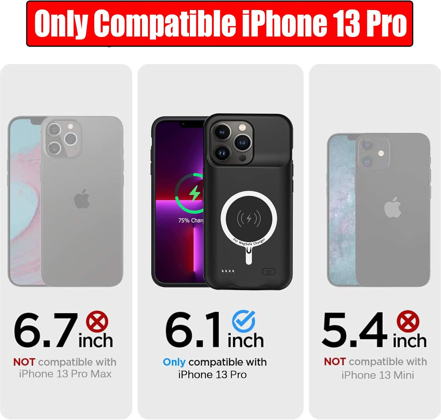 Battery Case for iPhone 13 Pro, Full Encircle 10000mAh High Capacity Rechargeable Portable Charger Case Extended Battery Pack for iPhone 13 Pro (6.1 inch) Wireless Charging Case with Carplay-Black