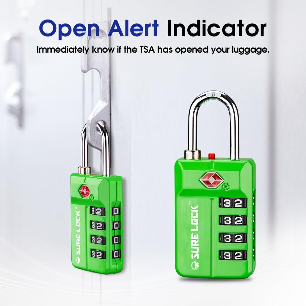 SURE LOCK TSA Approved 4-Digit Resettable Combination Luggage Lock with Open Alert, Easy-Read Dials - for Luggage, School Lockers, Gym, Office, Toolbox & Security Cases(Green 1 Pack)