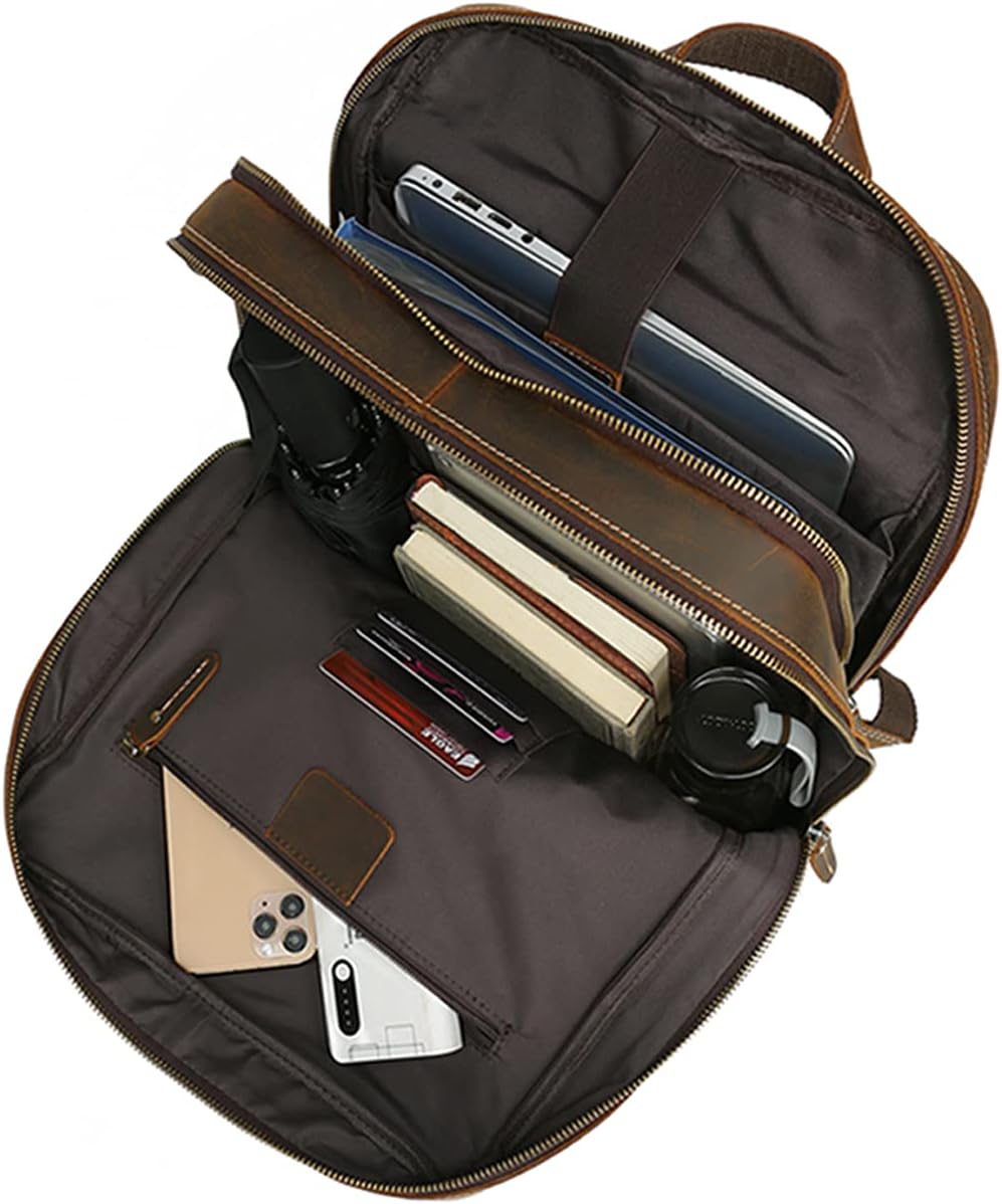 LANNSYNE Vintage Genuine Leather 16" Laptop Backpack For Men Hiking Travel Bag Camping Rucksack