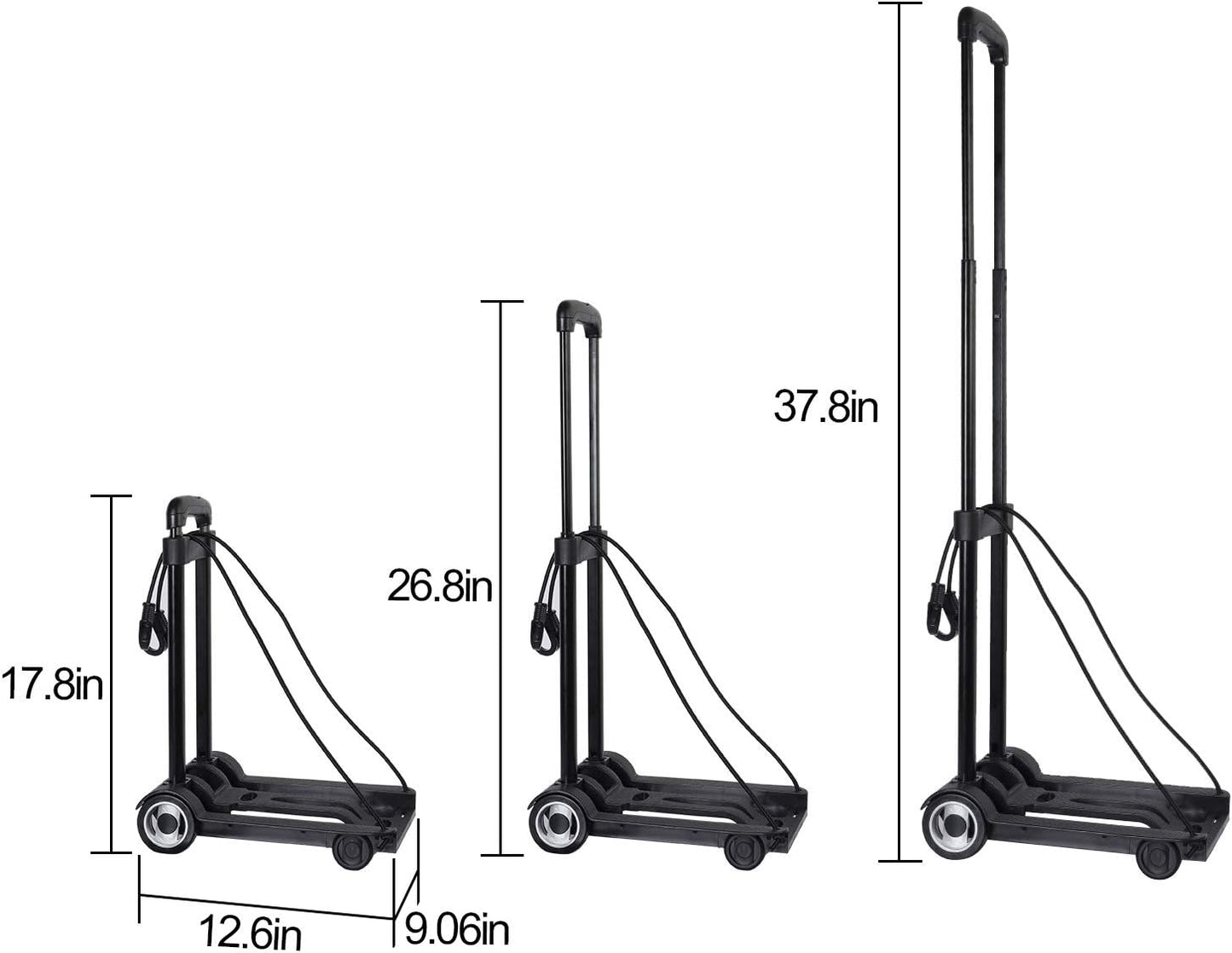 KINJOEK 25kg 55lbs Folding Hand Truck, Solid Construction Utility Cart for Luggage with 2 Oversized Wheels Bonus Bungee Cord, Collapsible, Lightweight and Compact Luggage Dolly Cart for Travel, Black