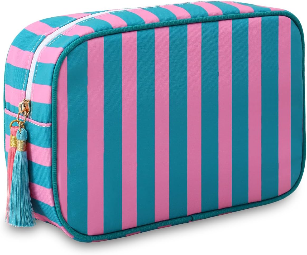 Stripe Makeup Bag Travel Cosmetic Bag Organizer Tassel Toiletry Bag Large Canvas Zipper Pouch and Accessories Storage Bag for Women