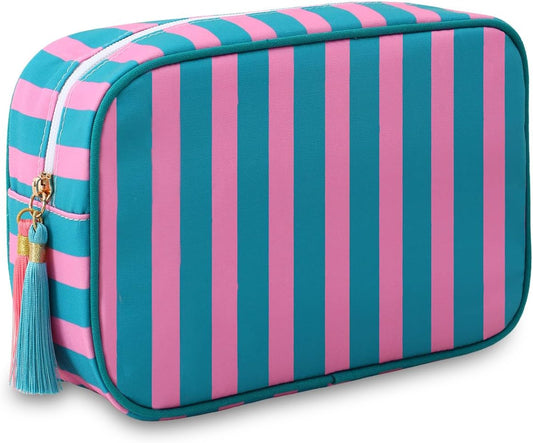 Stripe Makeup Bag Travel Cosmetic Bag Organizer Tassel Toiletry Bag Large Canvas Zipper Pouch and Accessories Storage Bag for Women