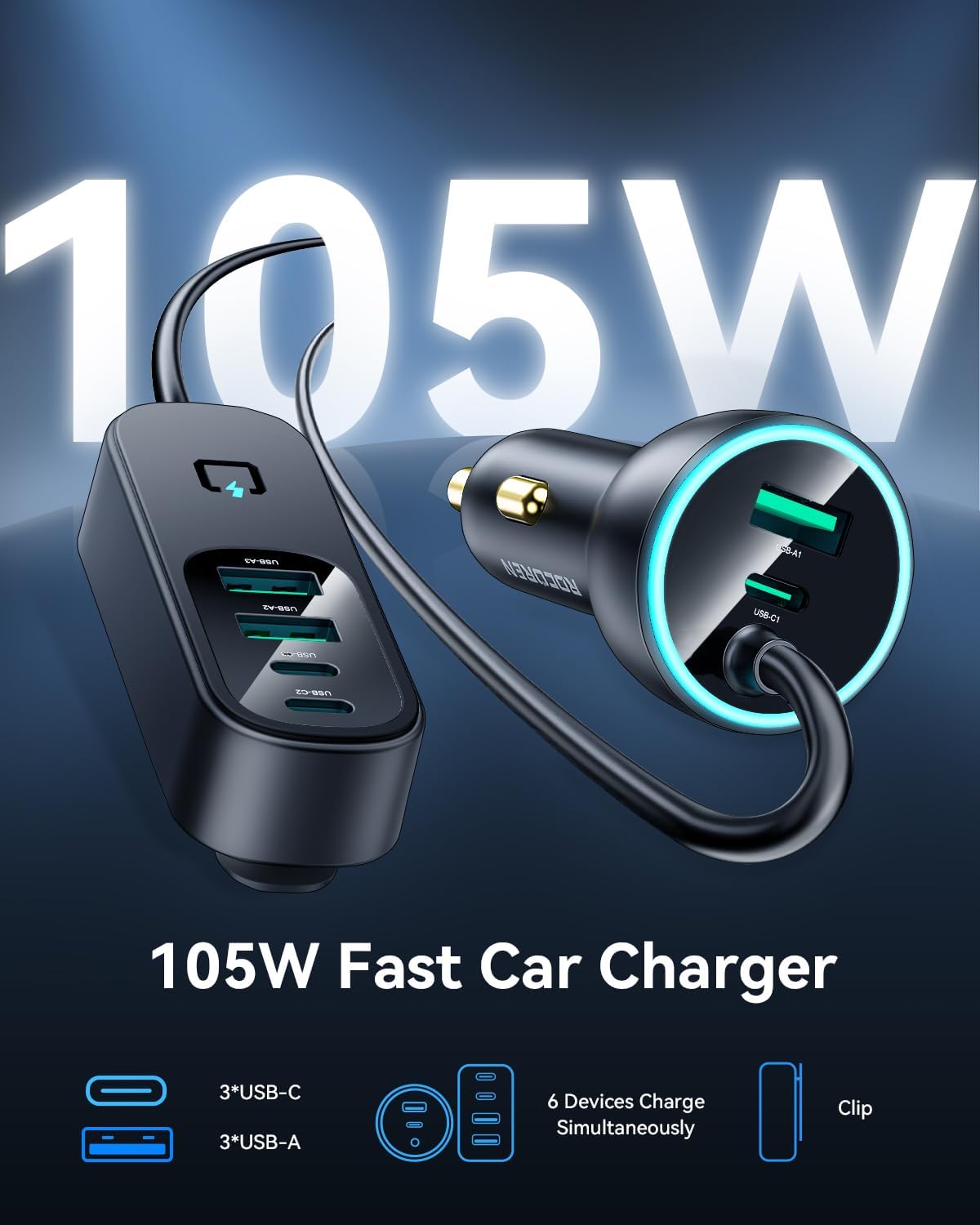 Rocoren 105W 6-Port Multiport Car Charger, PD Fast USB C Car Charger for Multiple Devices,Cigarette Lighter Adapter Car Travel Essentials for Road Trips with 5FT Cable,Car Accessories for iPhone 17/16