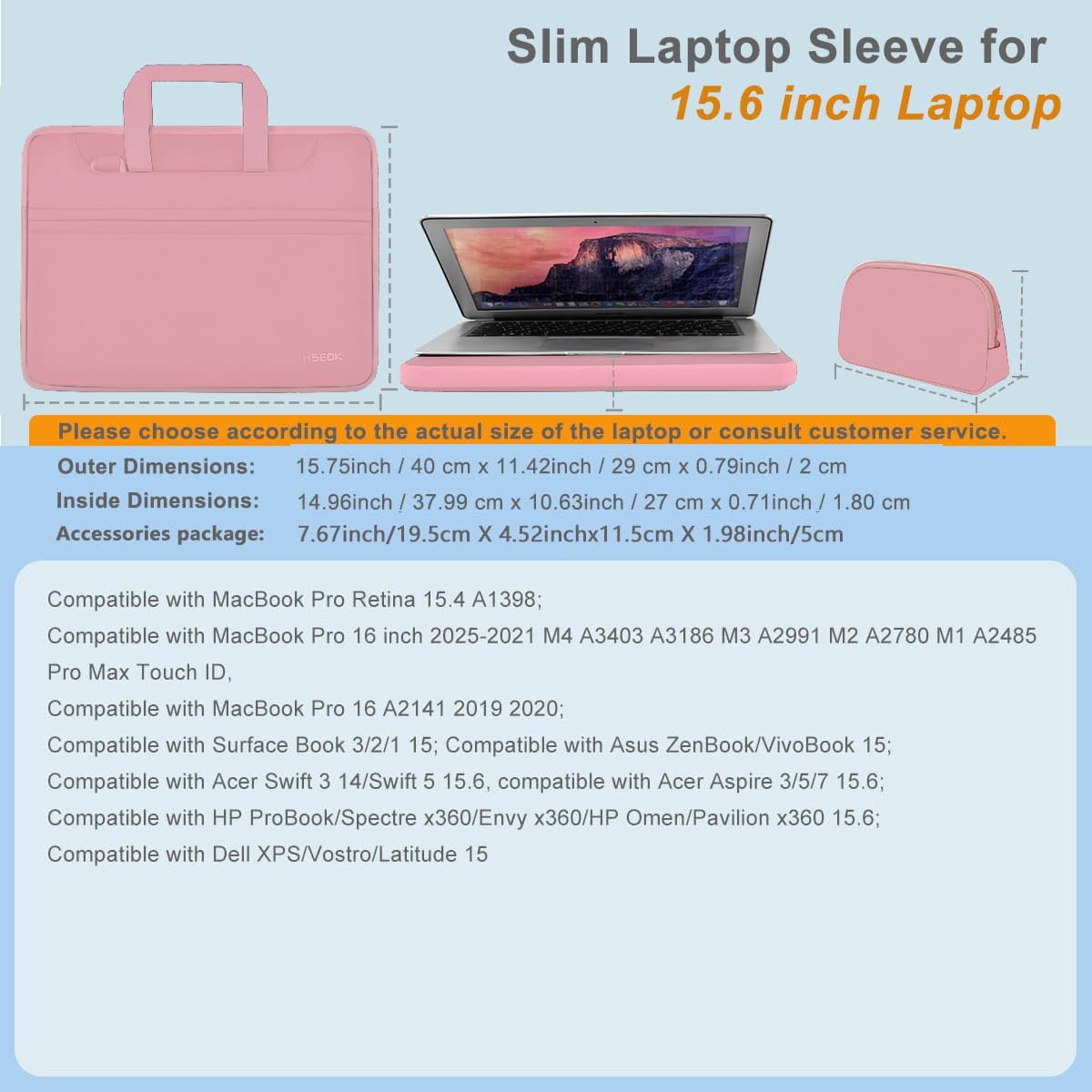 Hseok Laptop Shoulder Bag 15.6-16 inch Case, Durable Shockproof Protective Computer Carrying Briefcase with Multi-Pockets and Strap Compatible with Most 15 15.6 16 inch Notebooks,Pink