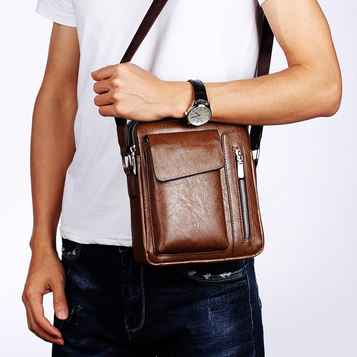 Vintage Genuine Leather Crossbody Bag for Men – Small Shoulder Satchel Handbag for Daily Use