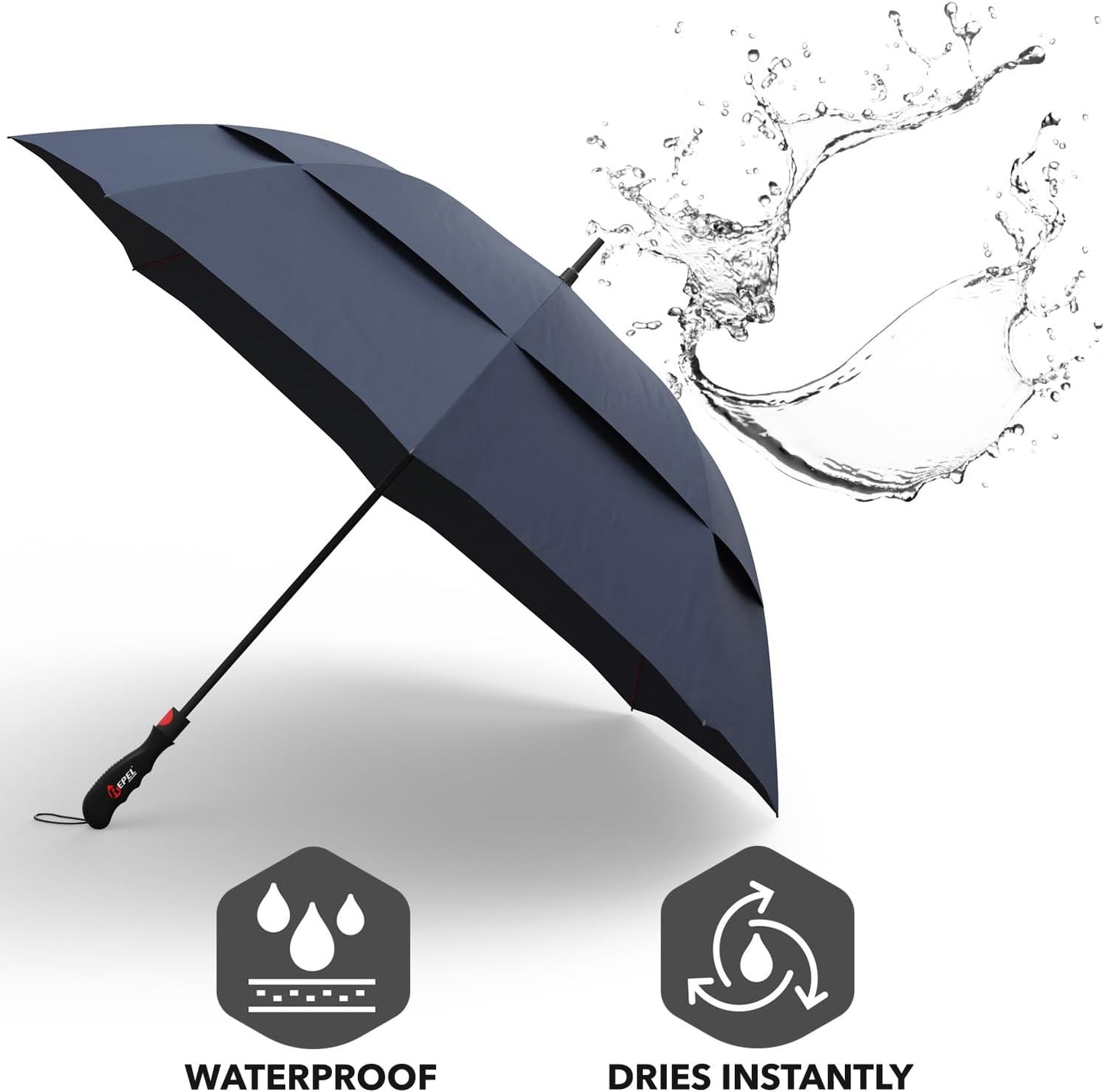 Repel Umbrella Extra Large Windproof Golf Umbrella - Covers 2 People - 60" Wide Vented Double Canopy with Reinforced Fiberglass Ribs, Waterproof Coated Canopy