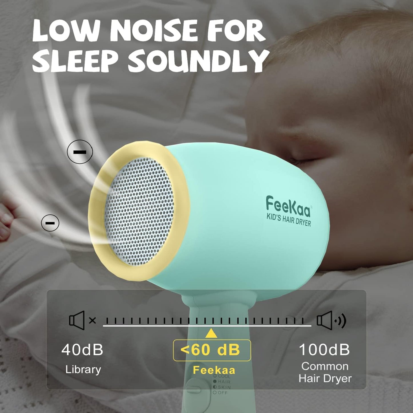 Feekaa Kids Hair Dryer, Low Noise Gentle Heat for Kids Skin, Gift for Children's Birthday