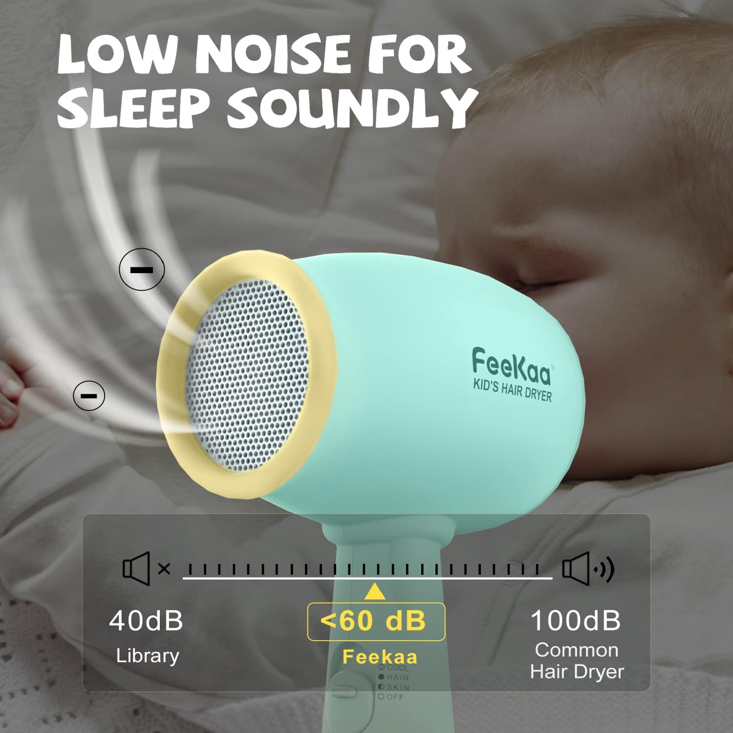 Feekaa Kids Hair Dryer, Low Noise Gentle Heat for Kids Skin, Gift for Children's Birthday