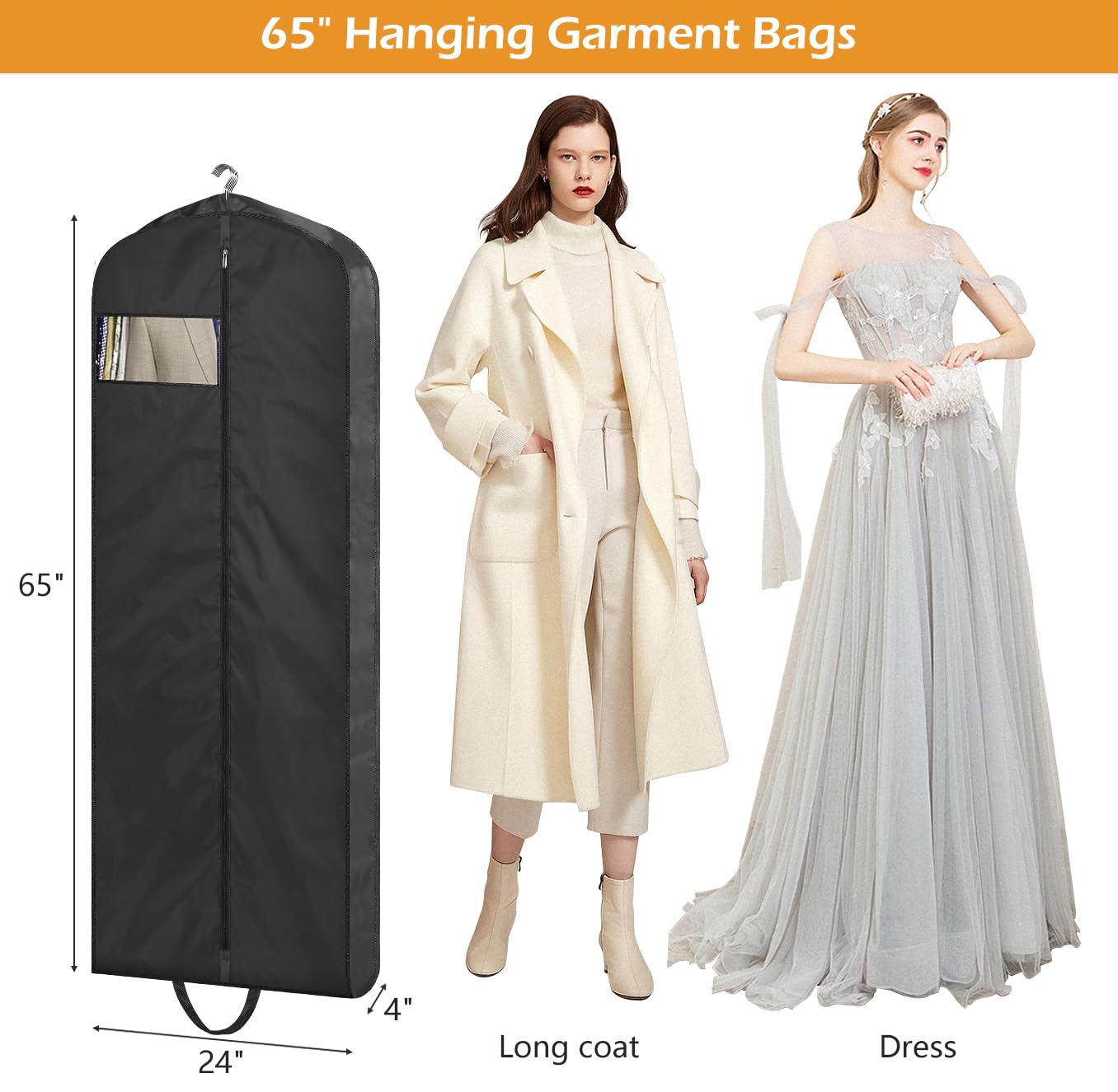 MISSLO 65" Long Garment Bags for Travel Dress Bags for Hanging Clothes 2 Packs Wedding Dress Cover