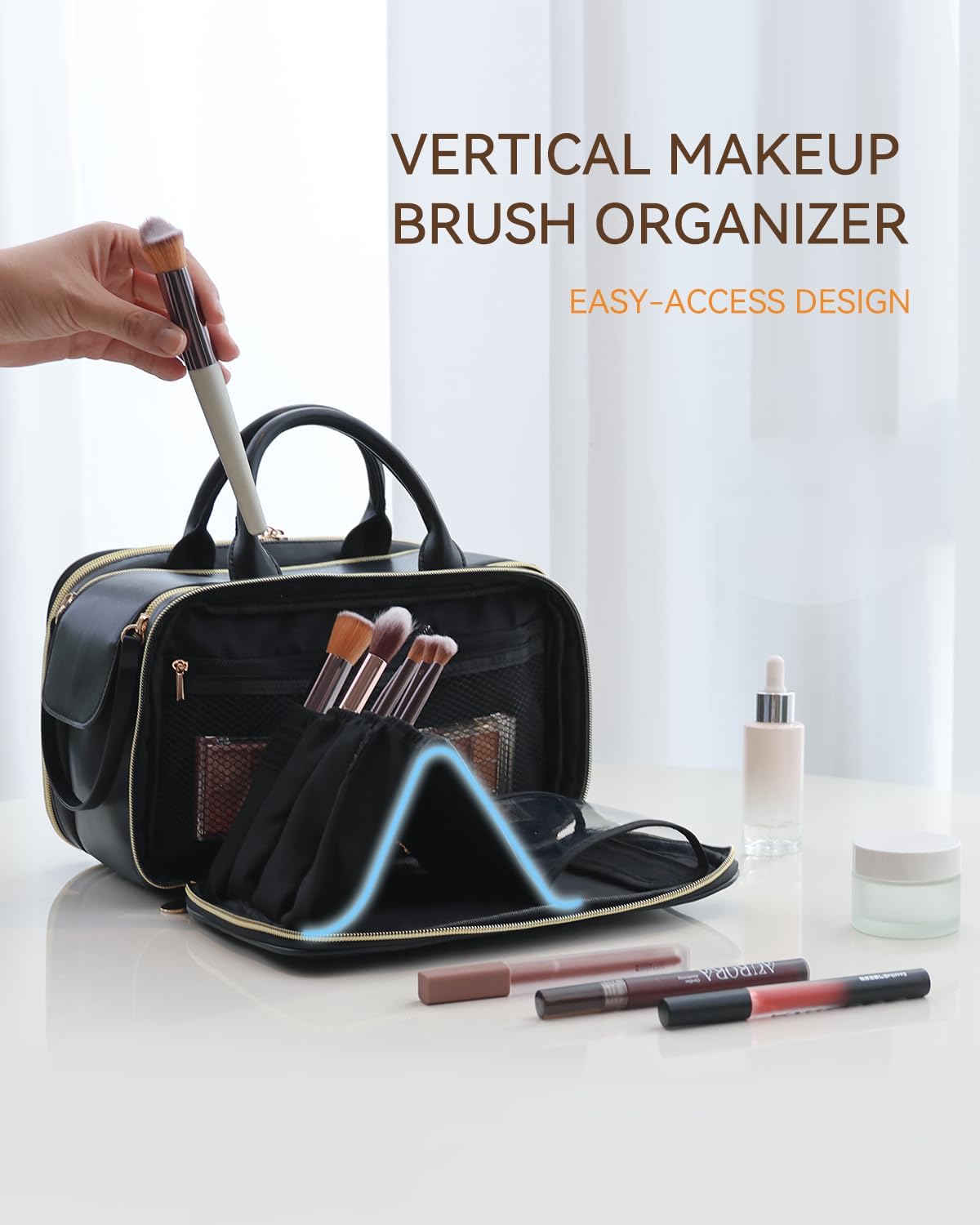 Prite Makeup Bag for Women, Large Capacity Waterproof Travel Cosmetic Organizer, Portable Open Flat Toiletry Bag with Free-standing Brush Holder and Handle(Black Medium)