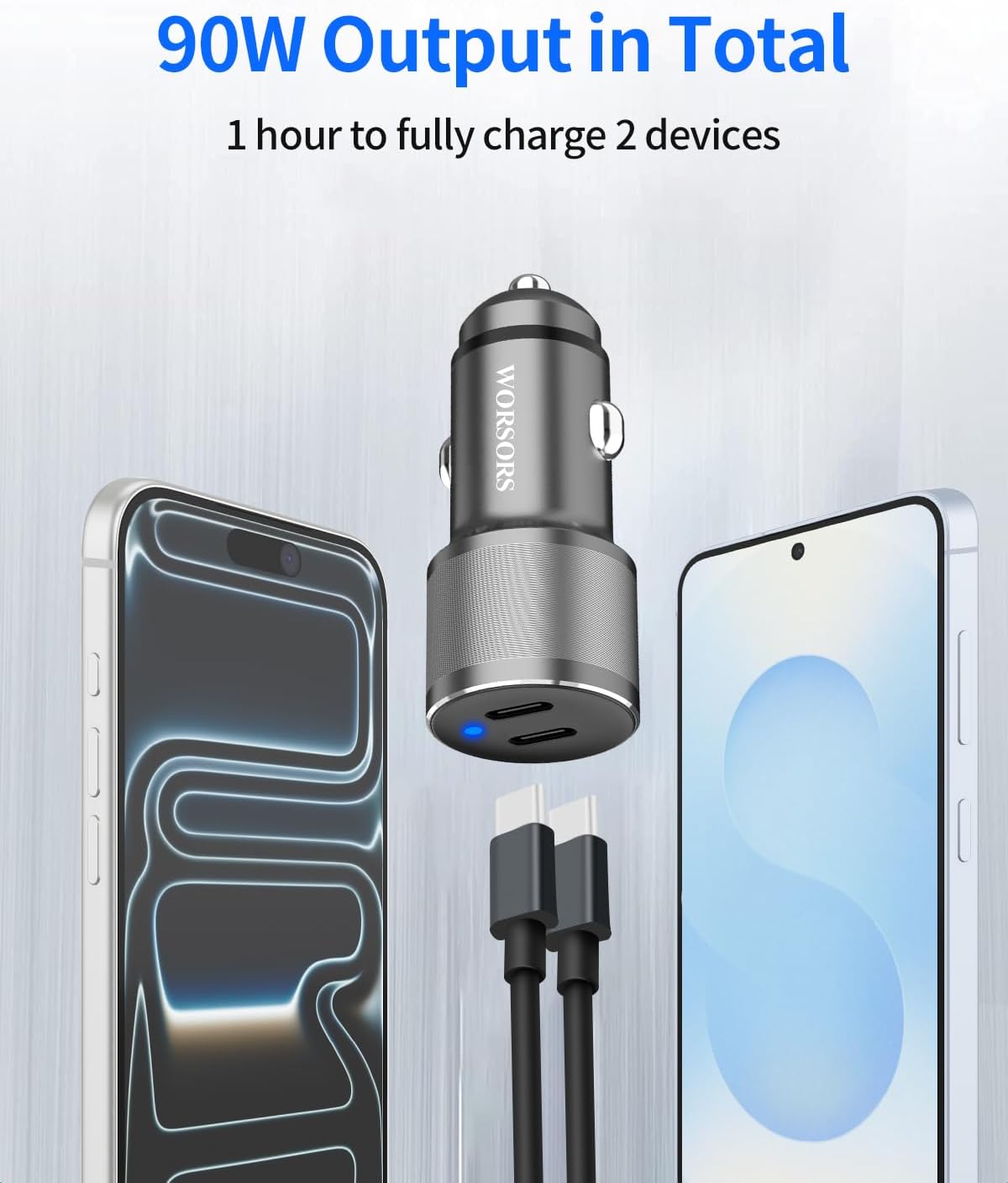 Dual 45W USB C Car Charger, 90W Max Super Fast Charging, All Metal 12V Cigarette Lighter Adapter for iPhone 17 Pro Max/16/15/iPad, Samsung Galaxy S25/S24, Google Phones with 2 Type C Cable 3.3ft Gray