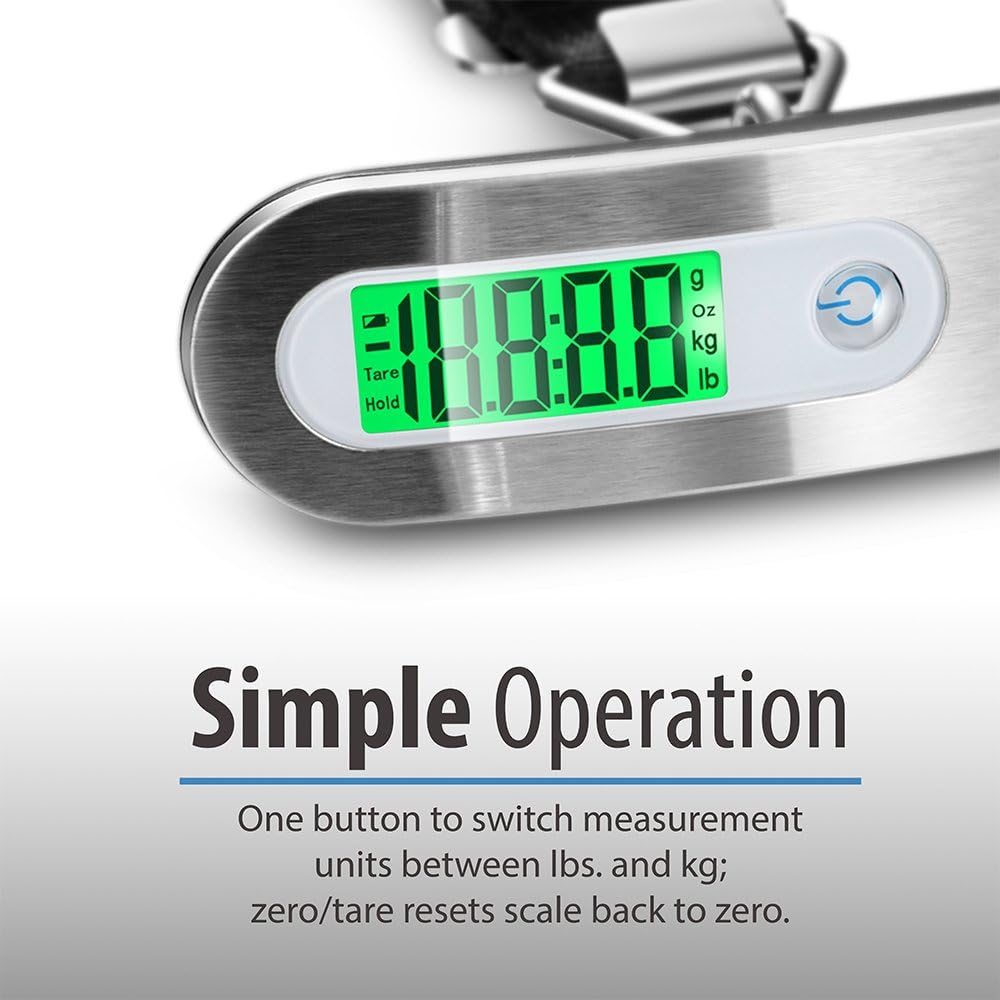Fosmon Digital Luggage Scale, Digitial LCD Display Backlight Baggage Scale with 110lbs Capacity, Portable Stainless Steel Hanging Luggage Weight Scale with Tare Function for Travelers - Silver