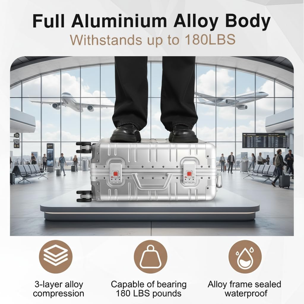 All Aluminum Carry On Luggage with 360°Silent Spinner Wheels and TSA Lock,Airline Approved Lightweight Suitcase for Business Travel (all aluminum 60 [silver], 20inch-35x23x55cm)