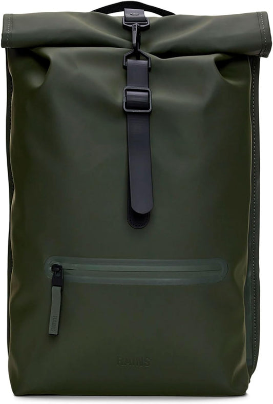 RAINS Rolltop Rucksack Green Waterproof Rolltop Backpack Water Resistant Water Repellent Commuter Travel Pack Urban Minimalist Design 2 Year Warranty