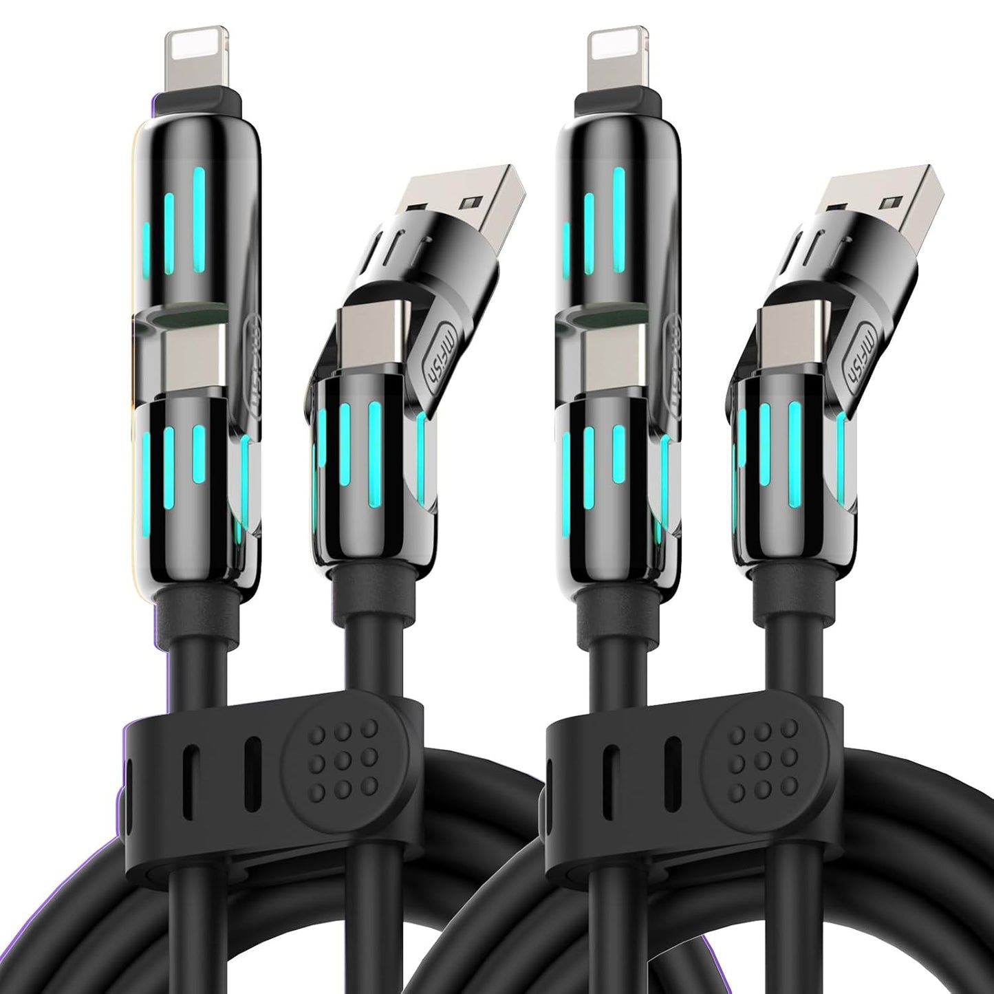 MFish 240W 4-in-1 Universal USB Charging Cable [2 Pack, 6.6ft] – Fast Charger Cord with USB-A, Dual USB-C & Lighting, for iPhone 14/15/16/17 Series, iPad & MacBook & More (2PACK, Black+Black, 6.6Ft)