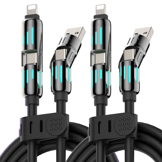 MFish 240W 4-in-1 Universal USB Charging Cable [2 Pack, 6.6ft] – Fast Charger Cord with USB-A, Dual USB-C & Lighting, for iPhone 14/15/16/17 Series, iPad & MacBook & More (2PACK, Black+Black, 6.6Ft)