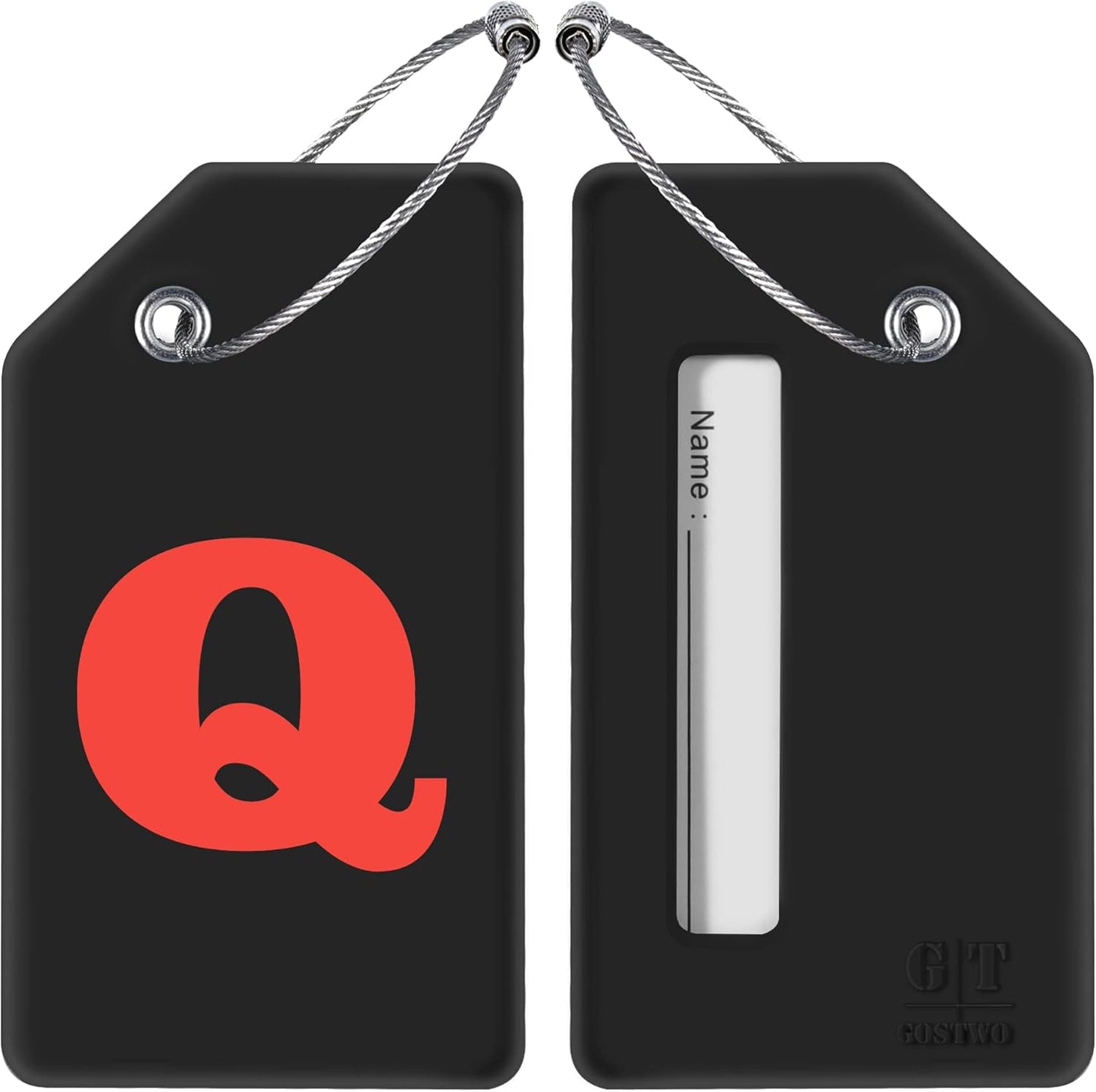 Gostwo 2 Pack Silicone Luggage Tags for Suitcases, 26 Initial Letter Baggage Labels Handbag School Bag Suitcase Instrument Tag with Stainless Steel Loop(Black)(Letter Q)