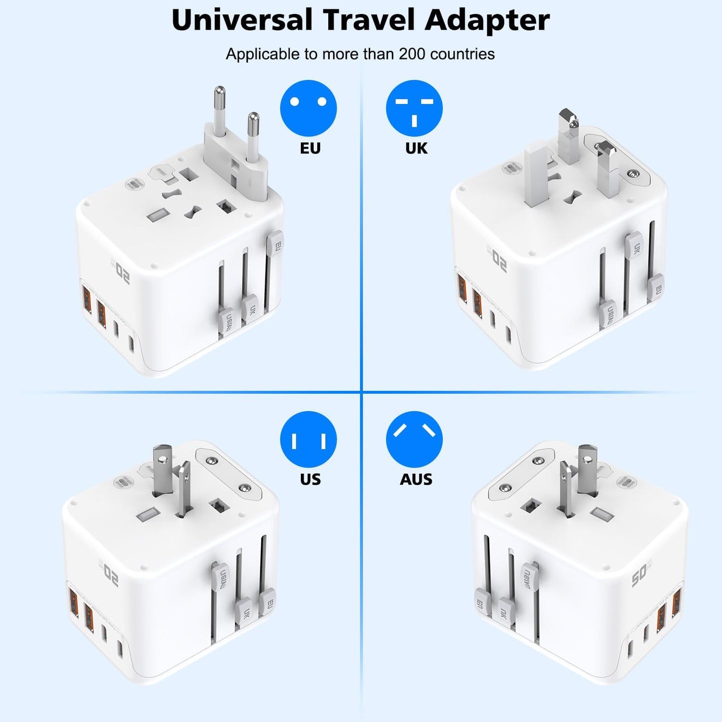 2Pack Universal Travel Adapter, International Travel Plug Adapter with 2 USB-C(PD 20W) & 2 USB-A Ports 3FT Type C Cable Cord,All in One Portable Adaptor for USA, UK, EU, AU & 224+ Countries (White) US