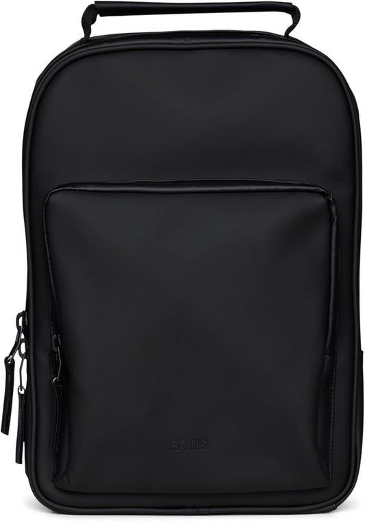 RAINS Book Daypack - Black Laptop Backpack for Men and Women, Waterproof Black Minimalist Commuter Bag with 15” Laptop Room, Front Zip Pocket - 2 Year Warranty