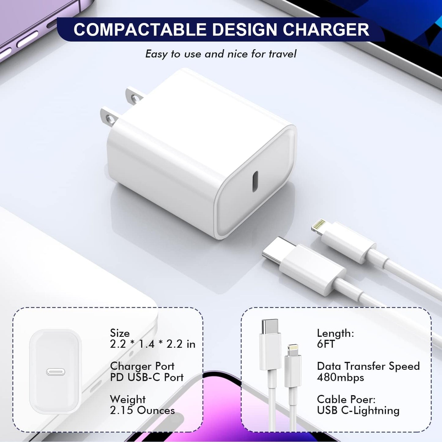 iPhone Fast Charger,[Apple MFi Certified] 3pack i Phone Charger PD Type C Quick Wall Charger Block with 6FT Apple Fast Charging USB C to Lightning Cable for iPhone 14/13/12/Pro/Max/11/XR/SE 2022,ipad