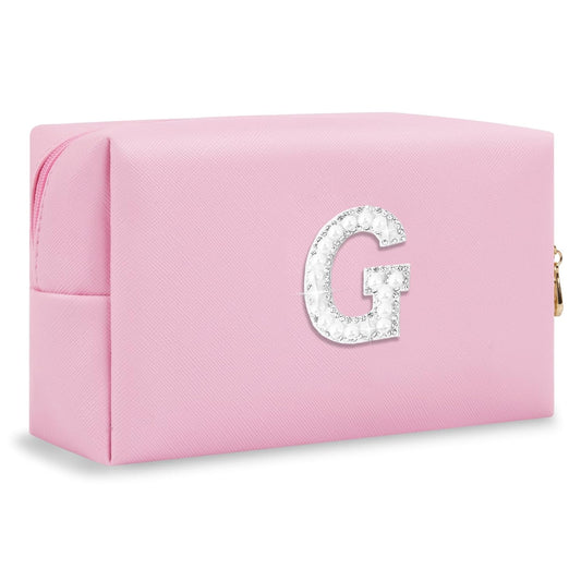 ChaoGreat Bride Gifts – Personalized Initial Makeup Bag with Pearl Rhinestone Patch, Preppy Pink Monogram Cosmetic/Toiletry Pouch, bridesmaid Gifts, Bridal Shower Gifts, Wedding Gifts, Bridal Gifts,G