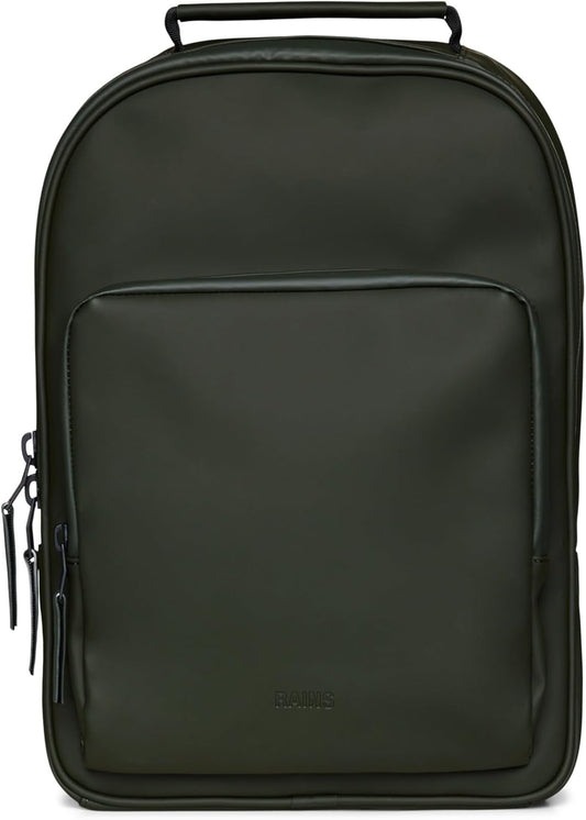RAINS Book Daypack - Green Laptop Backpack for Men and Women, Waterproof Black Minimalist Commuter Bag with 15” Laptop Room, Front Zip Pocket - 2 Year Warranty