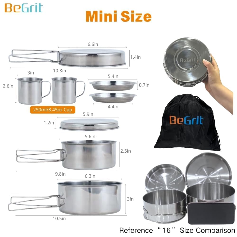 BeGrit Backpacking Camping Cookware Mini Picnic Camping Cooking Mess Kit with Pot and Pan Set for