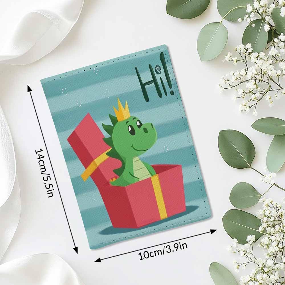 Cute Dinosaur Passport Holder for Travel Cartoon Green Dinosaur Say Hi Gift Box PU Leather Passport Cover Wallet Cute Passport Card Holder for Women and Men