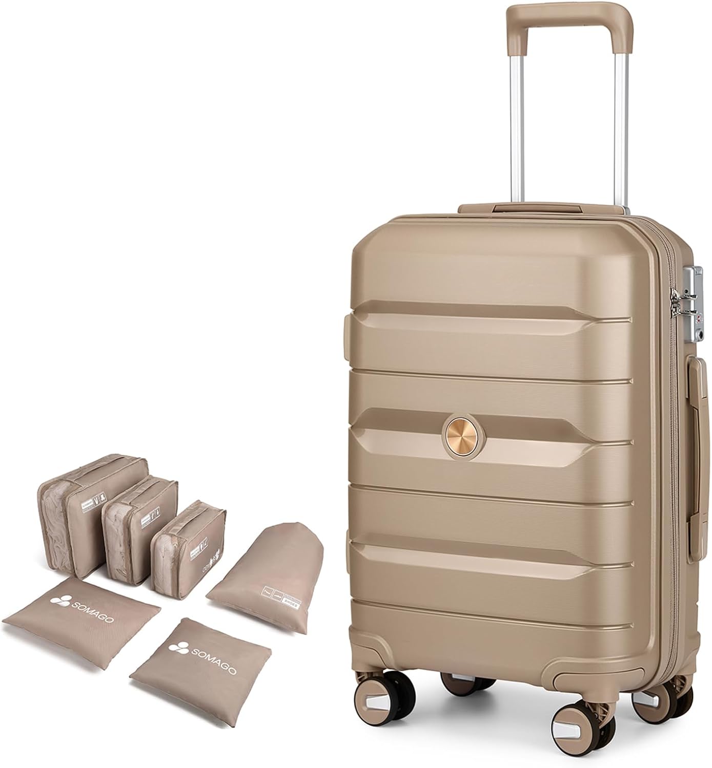 Somago 28 Inch Luggage With Spinner Wheels Hard Shell Polypropylene Suitcase with TSA Lock and YKK Zipper,Noble Golden