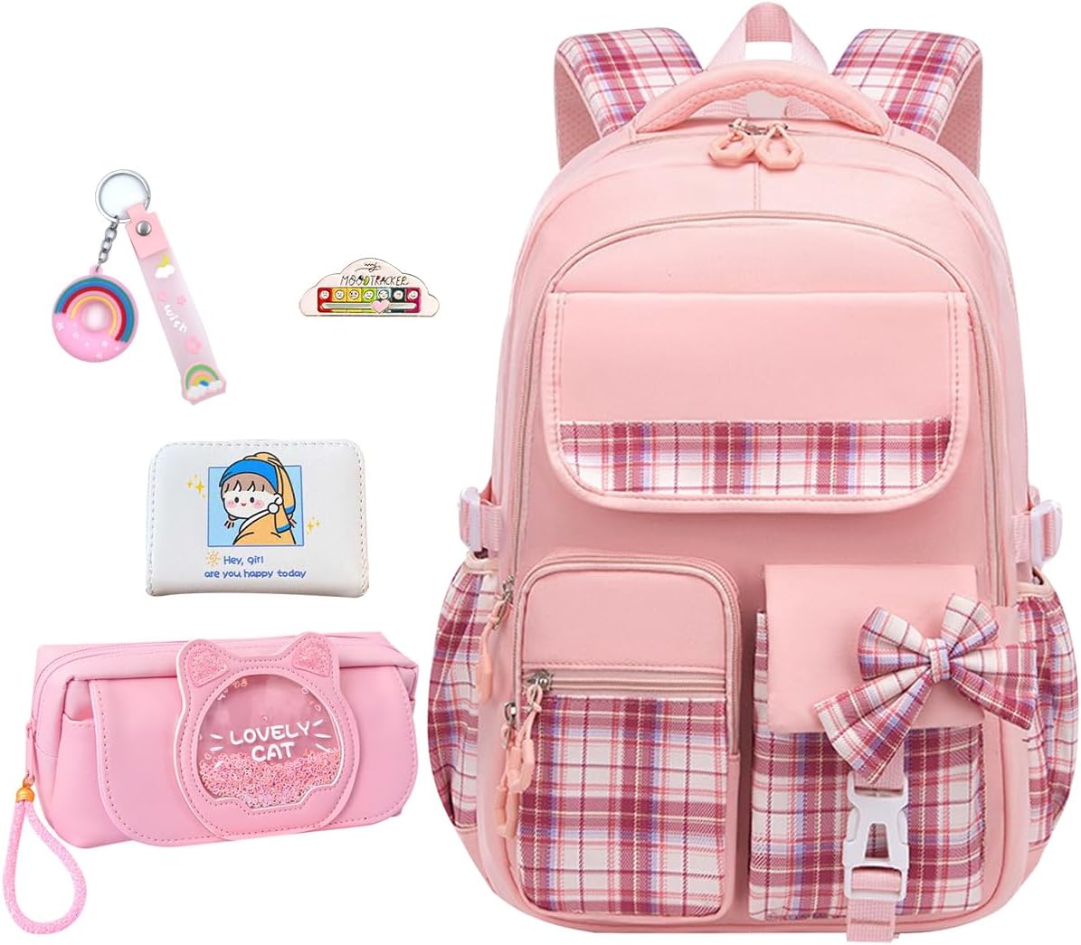 5Pcs Pink Backpack for School Girls - Kids Schoolbag for Elementary School Kawaii Bookbag for Cute Plaid Girls Daypacks for Students Teen Kids Casual Travel Bag (Pink Plaid)