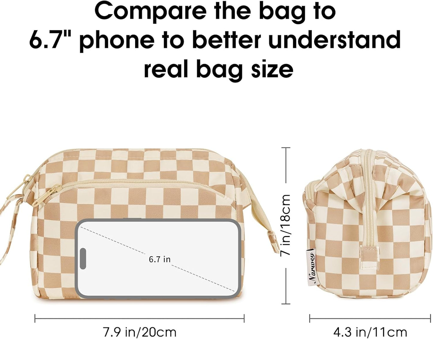 Narwey Large Checkered Makeup Bag Women Wide-open Make up Bag Travel Cosmetic Bag Organizer