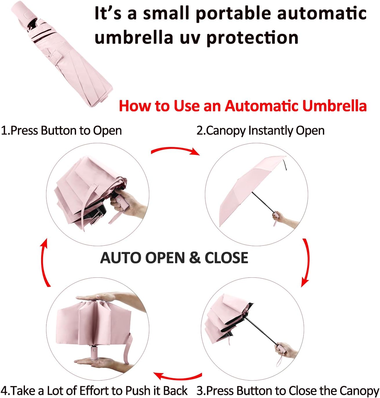 BAODINI Small UV Protection Travel Umbrella Compact for Rain and Sun UPF 50+ Windproof Portable 42 inch Umbrella for Women and Men