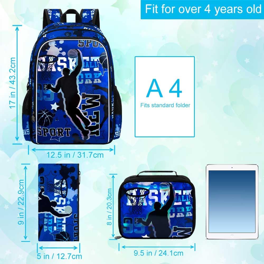 gxtvo 3PCS Boys Basketball Backpack, 17" Kids Bookbag with Lunch Box, Water Resistant Middle Elementary Preschool School Bag