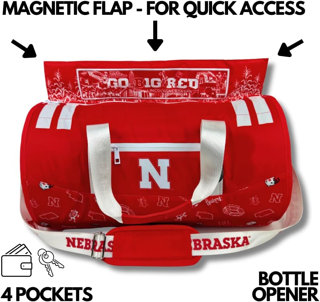 Varsity Cooler University of Nebarska Licensed Travel Duffle & Cooler – 30 Can Leakproof Insulated backpack, Waterproof Soft Cooler, Golf, Carry-On Luggage, Gym & Outdoor – Durable Nylon Sports Bag