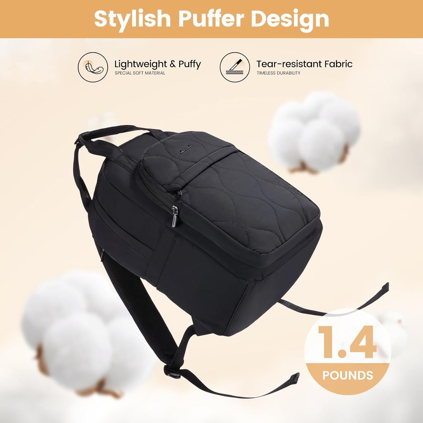 LOVEVOOK Laptop Backpack for Women, College Travel Backpack Puffer Womens Backpack for 15.6 Inch Laptop, Water-Resistant Quilted Casual Daypack, Black