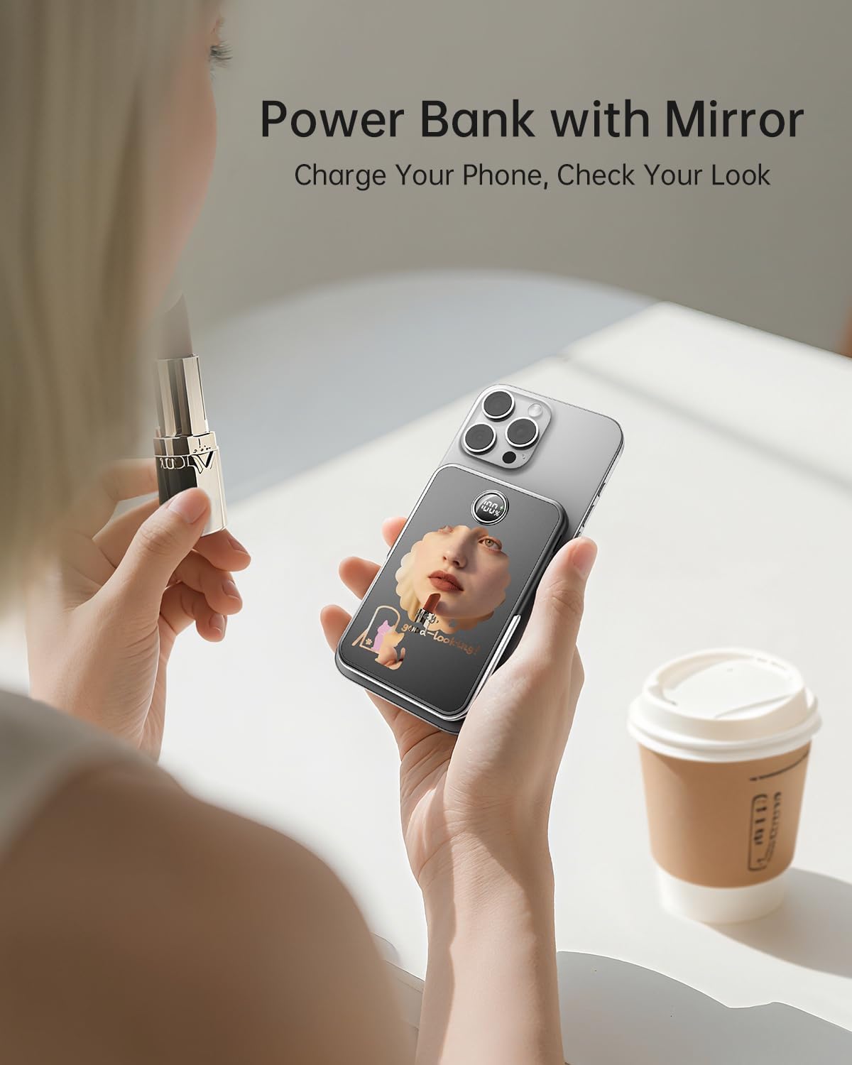 iWALK Magnetic Portable Charger 5,000mAh, Wireless Power Bank with Mirror & Foldable Stand, Ultra Slim Battery Pack with USB-C Cable, MagSafe Compatible for iPhone 17/16/16 Plus/16 Pro/15/14/13/12