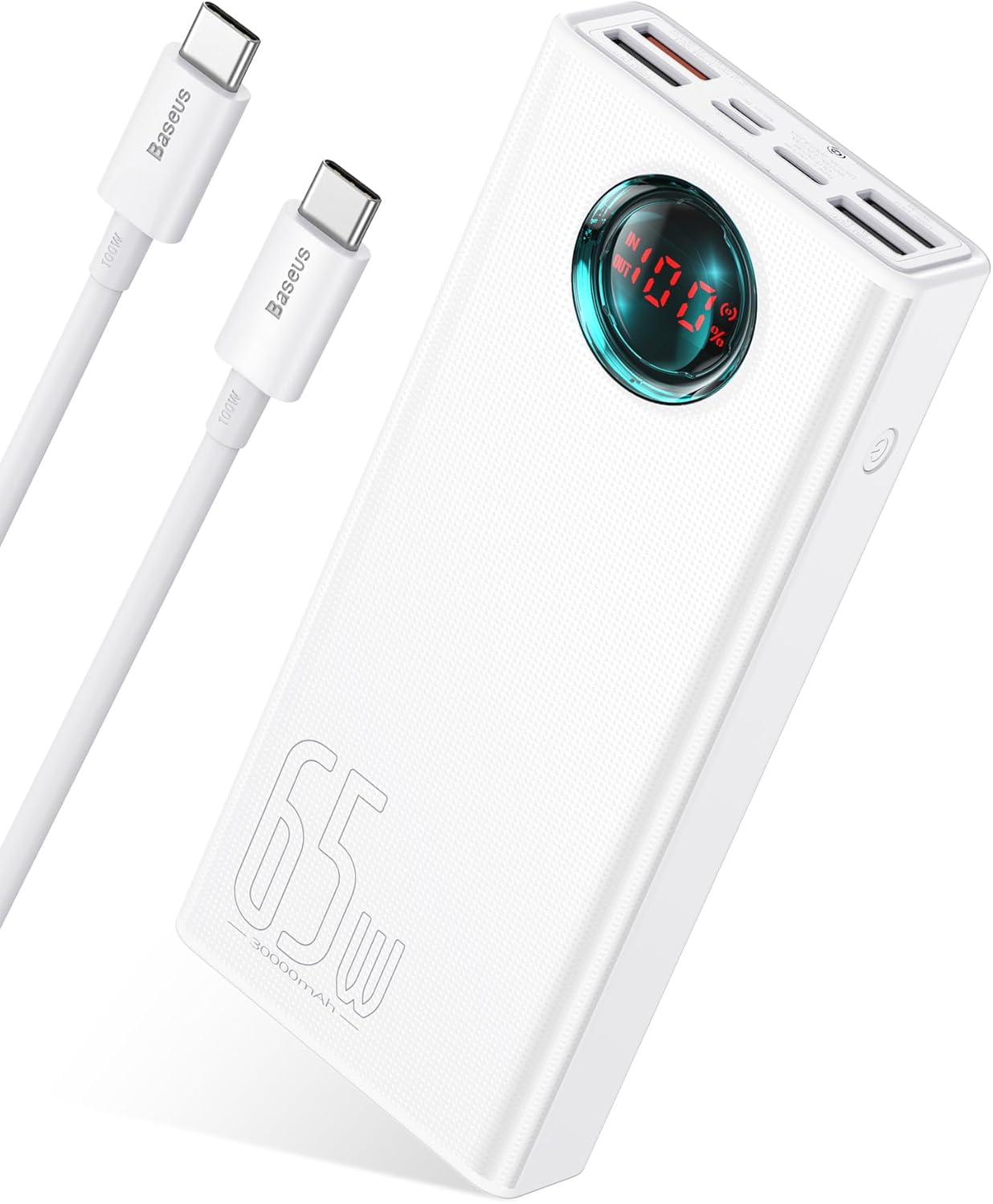 Baseus 30000mAh 65W Portable Charger, Laptop Power Bank with Digital Display, 7-Ports for MacBook Pro/Air, iPhone 16/15/14, iPad, Samsung Galaxy, Steam Deck, ASUS ROG Ally - PD3.0/QC4.0 (White)