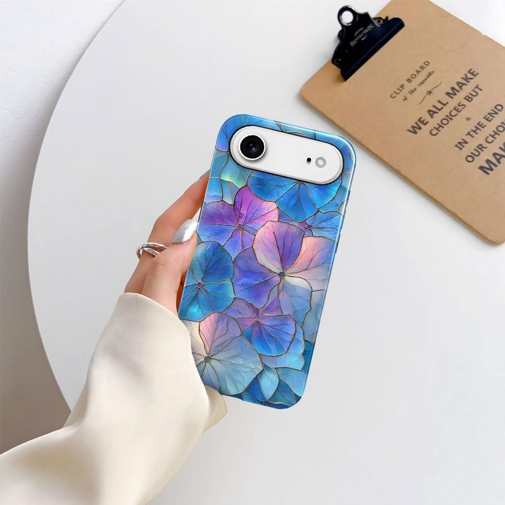 Case for iPhone 17 Air - Slim Fit Anti-Scratch Phone Case for Girl Women - Blue Hydrangea Floral Stained Glass Aesthetic (Glossy)