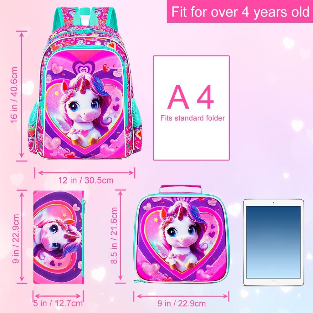 3PCS Girls Backpack, Kids Water Resistant Heart Bookbag Set with Lunch Box, Cute Kids School Bag for Preschool Toddler