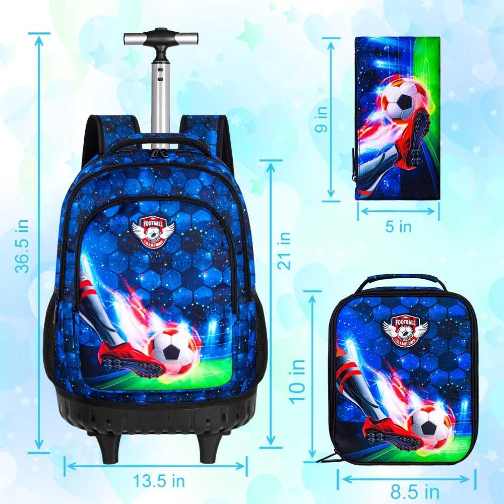 CCJPX 3PCS Rolling Backpack for Boys, 21 Inch Soccer Water Resistant Backpacks with Roller Wheels, Football Wheeled Bookbag for Teens Elementary School Travel-Blue