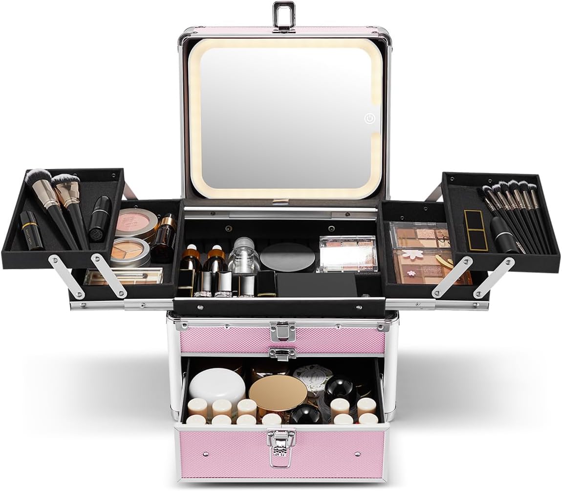 Qislee Makeup Box with Drawer and Four Trays, A Detachable Lighted Mirror, Waterproof Travel Train Case, Cosmetic Organizer and Makeup Suitcase with Magnetic LED Mirror(ICY Pink)
