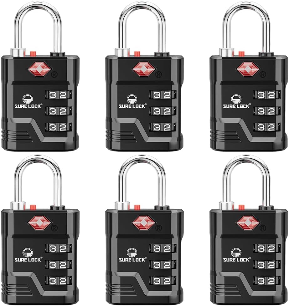 SURE LOCK TSA Locks for Luggage, TSA Approved Luggage Locks with Open Alert, 008 Key for High Security, Easy Read Dials, Zinc Alloy Body, Locker Lock for Suitcase, Gym, Travel(Black 6 pk)