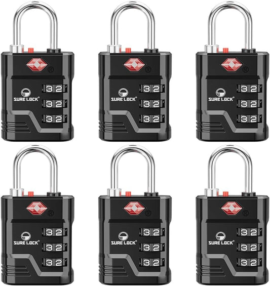SURE LOCK TSA Locks for Luggage, TSA Approved Luggage Locks with Open Alert, 008 Key for High Security, Easy Read Dials, Zinc Alloy Body, Locker Lock for Suitcase, Gym, Travel(Black 6 pk)