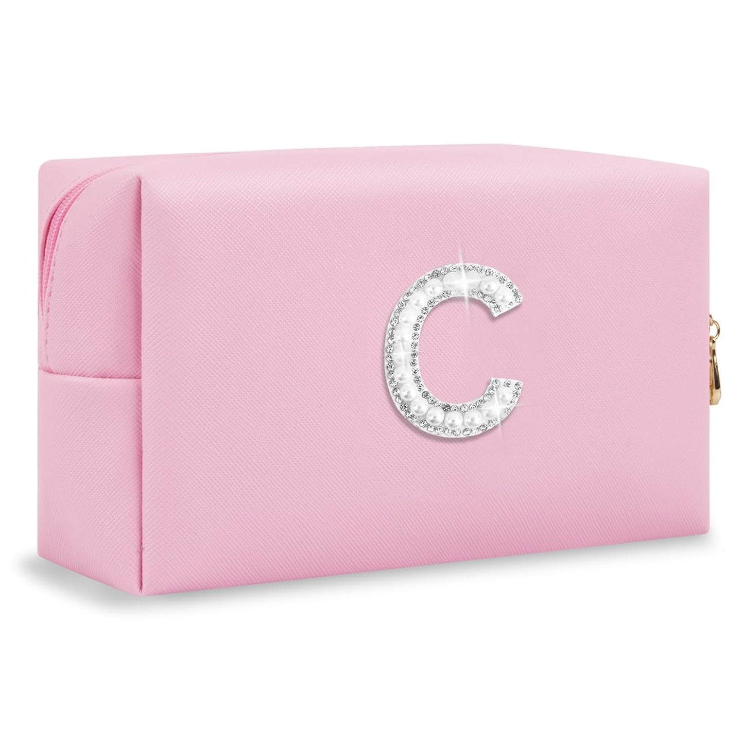ChaoGreat Bride Gifts – Personalized Initial Makeup Bag with Pearl Rhinestone Patch, Preppy Pink Monogram Cosmetic/Toiletry Pouch, bridesmaid Gifts, Bridal Shower Gifts, Wedding Gifts, Bridal Gifts,C