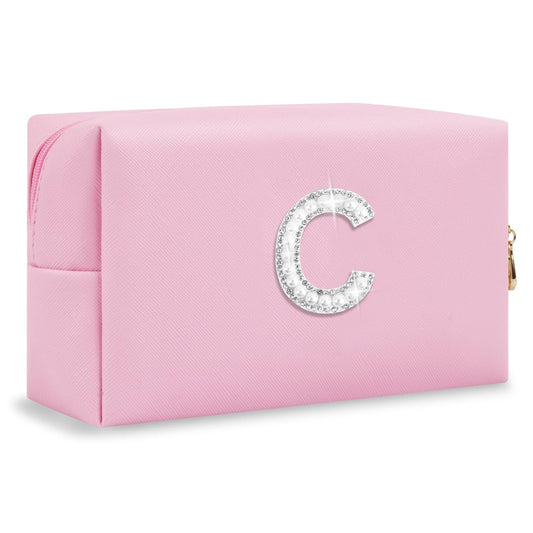 ChaoGreat Bride Gifts – Personalized Initial Makeup Bag with Pearl Rhinestone Patch, Preppy Pink Monogram Cosmetic/Toiletry Pouch, bridesmaid Gifts, Bridal Shower Gifts, Wedding Gifts, Bridal Gifts,C