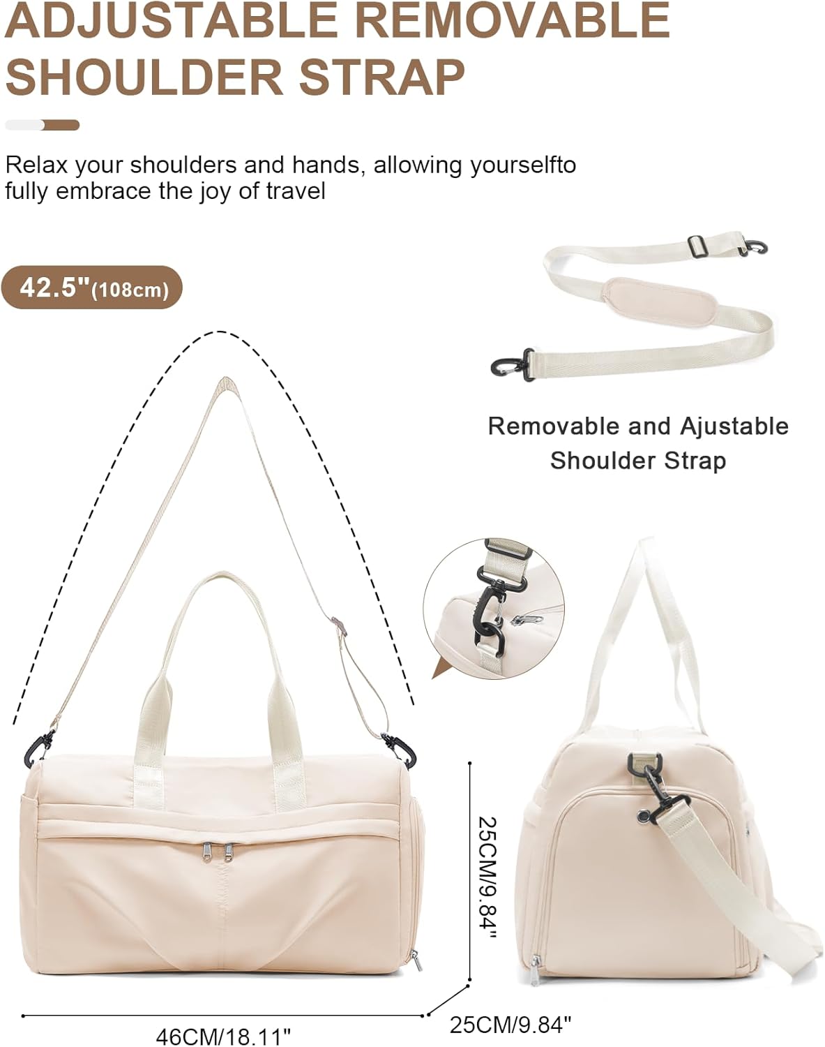 Gym Bag for Women Men with Shoe Compartment, Sport Duffel Bag, Waterproof Travel Weekender Overnight Carry on Bag for Yoga with Trolley Sleeve, Beige
