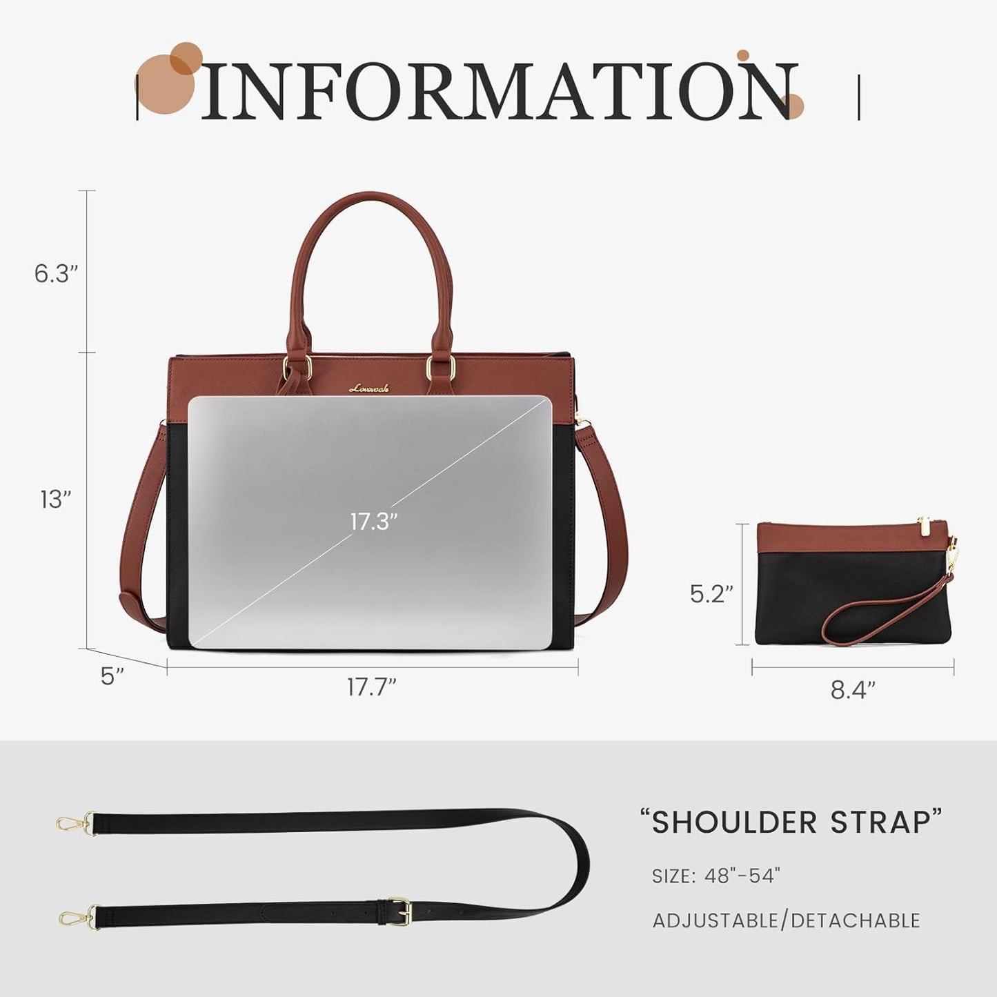 LOVEVOOK Laptop Bag for Women, 17.3 inch Leather Tote Bag Work Business Office Bag Waterproof Briefcase Computer Handbag Shoulder, Black-Brown