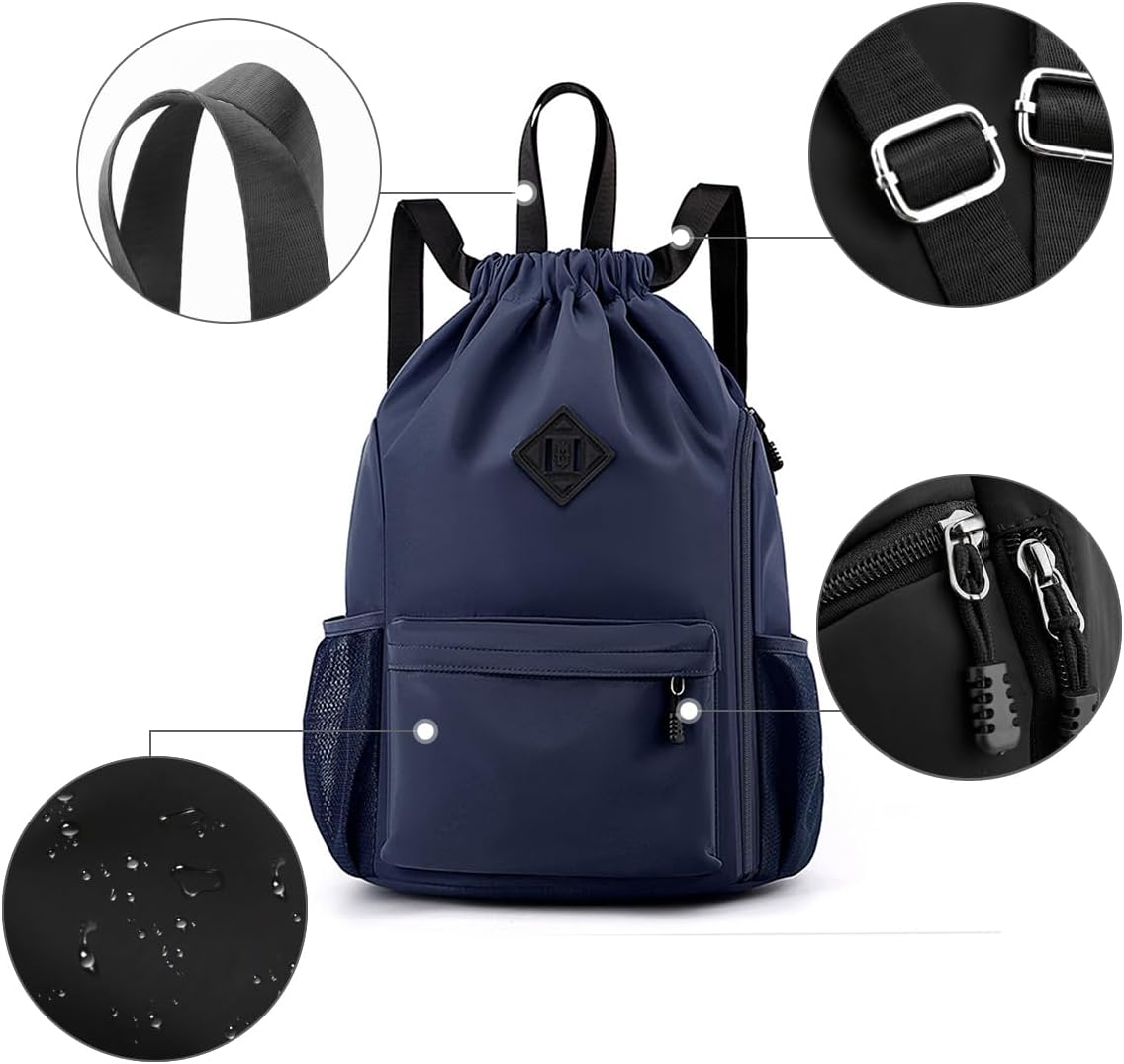 Valleycomfy Waterproof Drawstring Gym Backpack Bag for Men & Women,Sports Gym Bag with Side Pocket Dark Blue