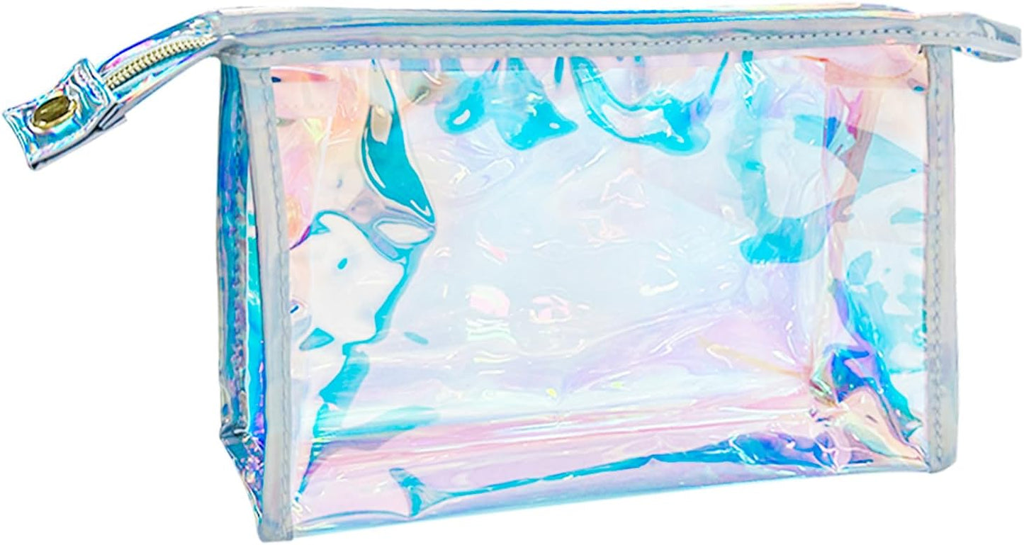 Holographic Transparent Laser Cosmetic Bag TSA Approved Travel Essentials Purse Organizer Bag Iridescent Waterproof PVC Makeup Bag for Women (Rainbow color)