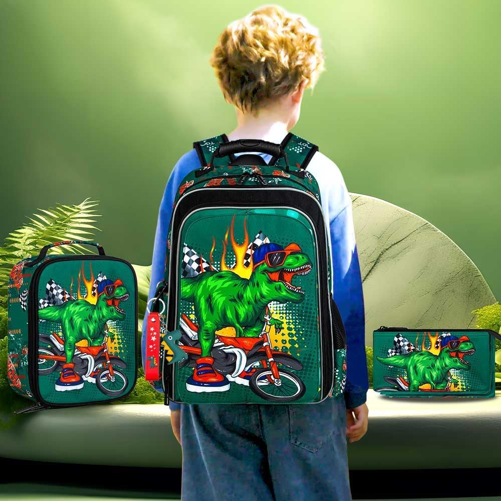 KLFVB 3PCS Cat Uni Dinosaur Backpack for Girls and Boys, 16" Kids Bookbag and Lunch Box, Preschool Backpacks for Elementary